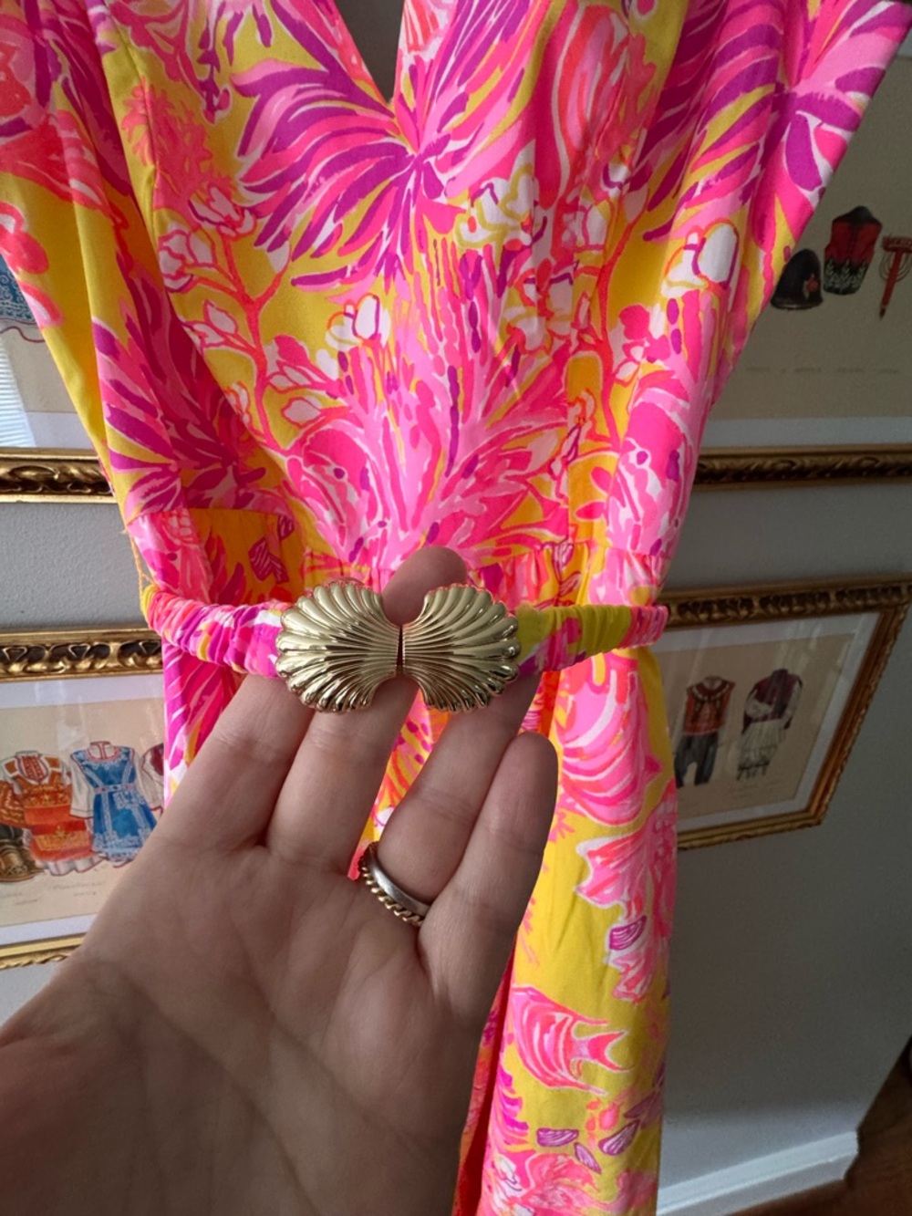 Lilly Pulitzer Vibrant Yellow & Pink Floral V-Neck Midi Dress